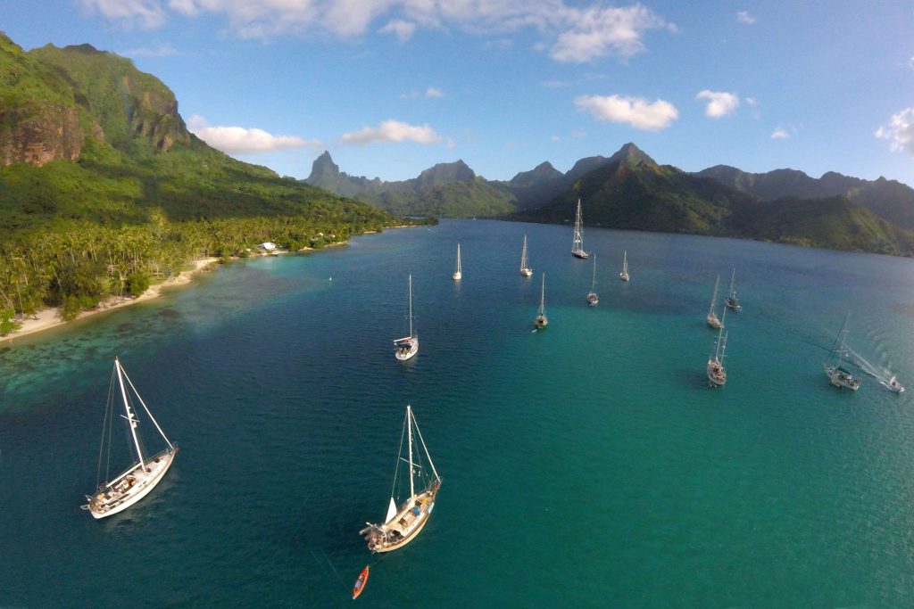 Even in a crowded anchorage, Calypso (in foreground) always has a moat around her.